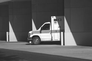 A photograph of an ambulance to illustrate the poem "Red Limbs" by Erric Emerson, published in issue 37 of Neon